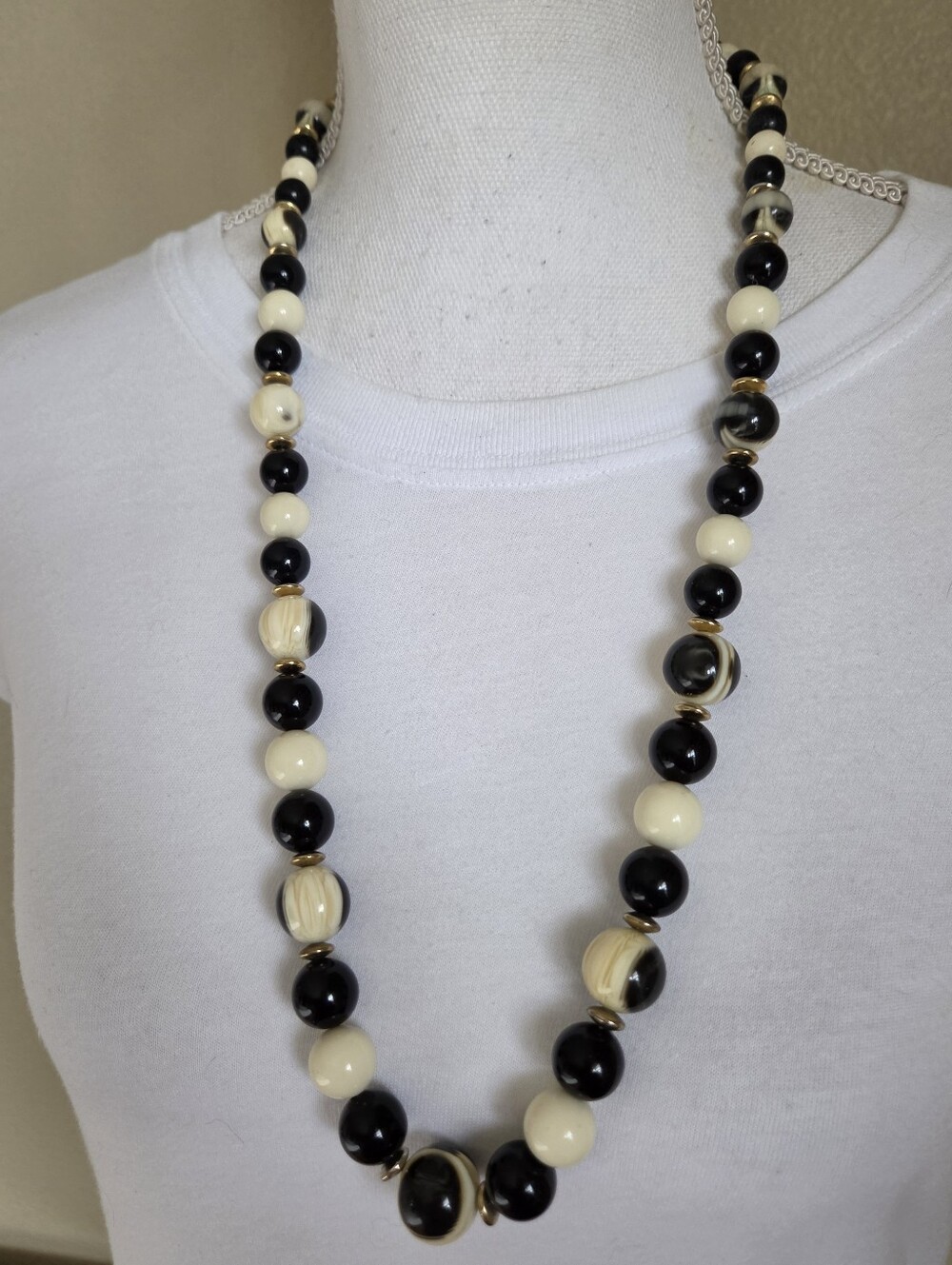 vintage cream black beaded necklace round acrylic single strand mid century